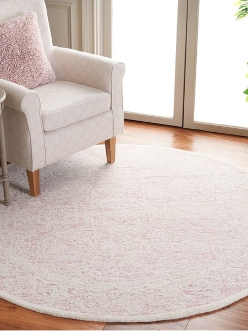 Pink and Cream Round Shag Area Rug